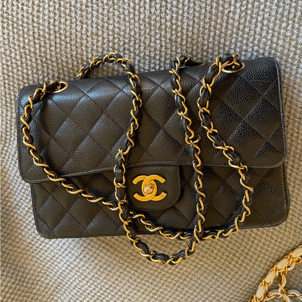 Authentic Chanel Small Caviar Leather Gold Plated Double Flap Black Quilted Bag